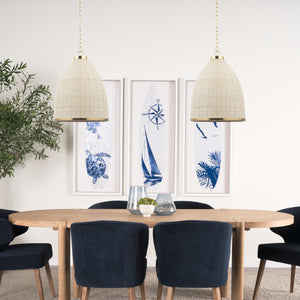 Profile view of the Saliha Cane w/ Brass Metal Pendant Light.
