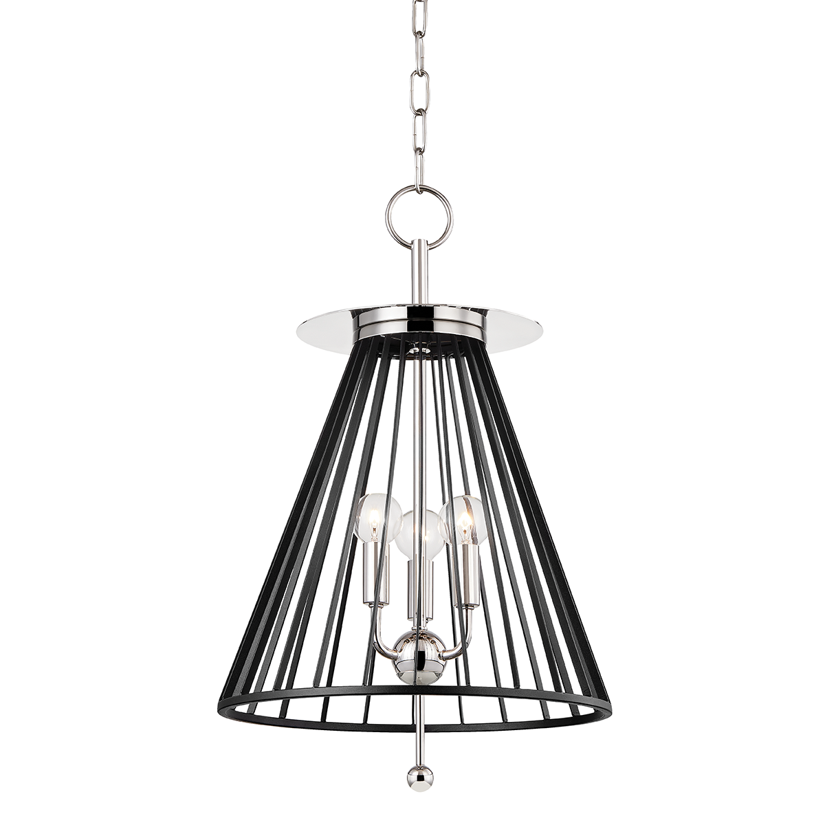 Cagney Pendant 14" in polished nickel shown from a second angle to highlight the shade shape and metal detail.