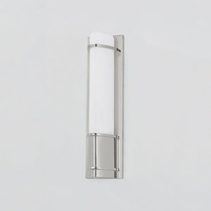 Close-up of the Tottenville Wall Sconce 4.25" x 16.25" in polished nickel showing the arm curve and shade silhouette.