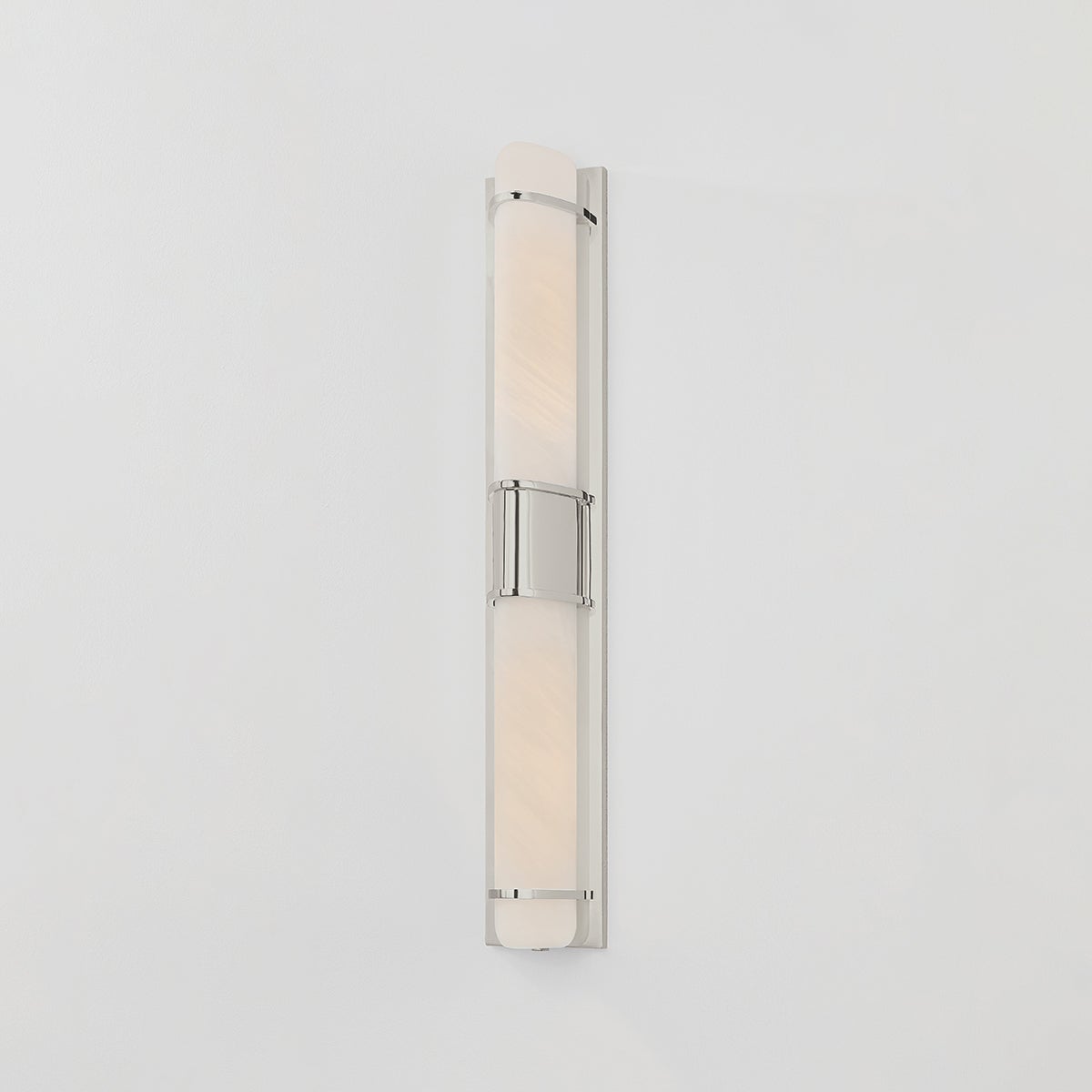 Close-up of the Tottenville Wall Sconce 4.25" x 27" in polished nickel showing the arm curve and shade silhouette.