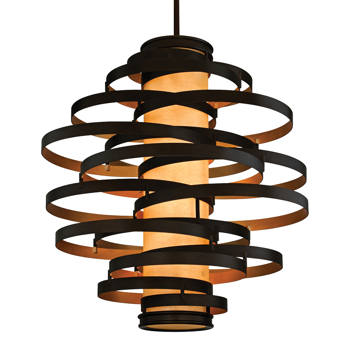 Vertigo Chandelier 45" x 50" in Bronze Leaf and Gold Leaf — a Corbett chandelier for dining rooms, entries, and living rooms at Laurie Yapp Home.