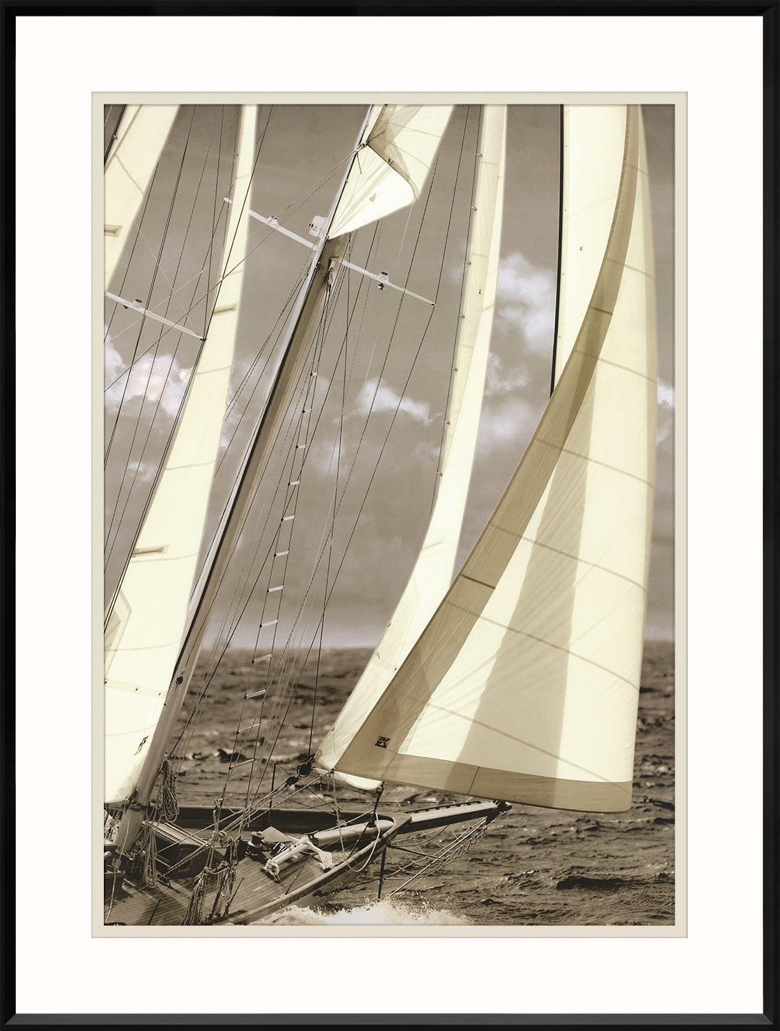 Starting Line I wall art featuring a close-up of sailboats with white sails against a cloudy sky.