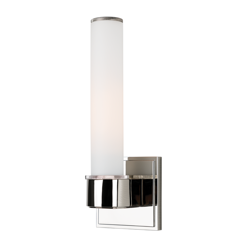 Mill Valley Bath And Vanity 4.5" x 12.25" in polished nickel shown from the front to reveal the arm curve and shade silhouette.