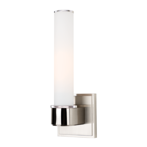 Close-up of the Mill Valley Bath And Vanity 4.5" x 12.25" in satin nickel showing the arm curve and shade silhouette.
