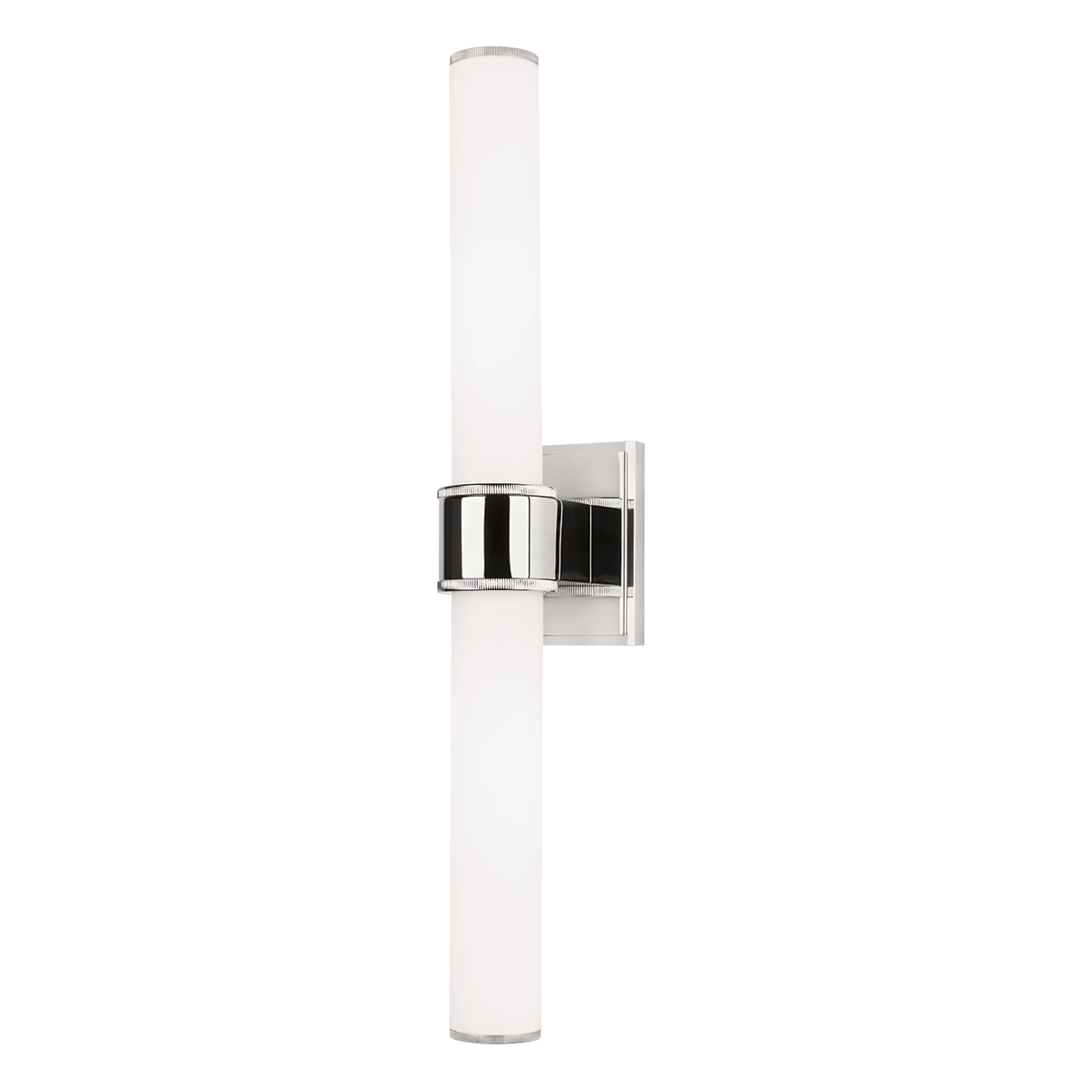 Mill Valley Bath And Vanity 4.5" x 20" in polished nickel shown from the front to reveal the arm curve and shade silhouette.