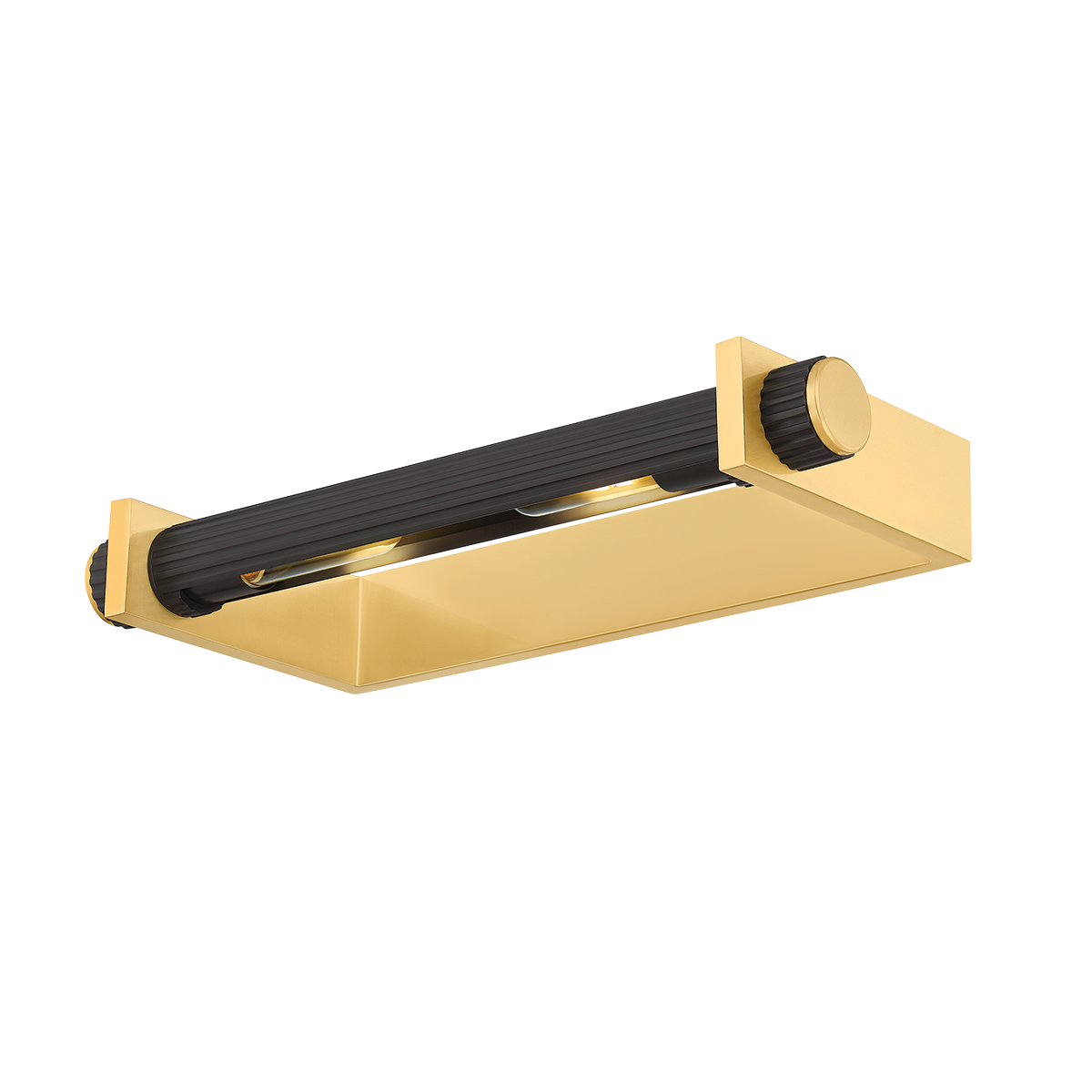 Judd Picture Light 18.5" in aged brass shown from a second angle to highlight the arm curve and shade proportion.
