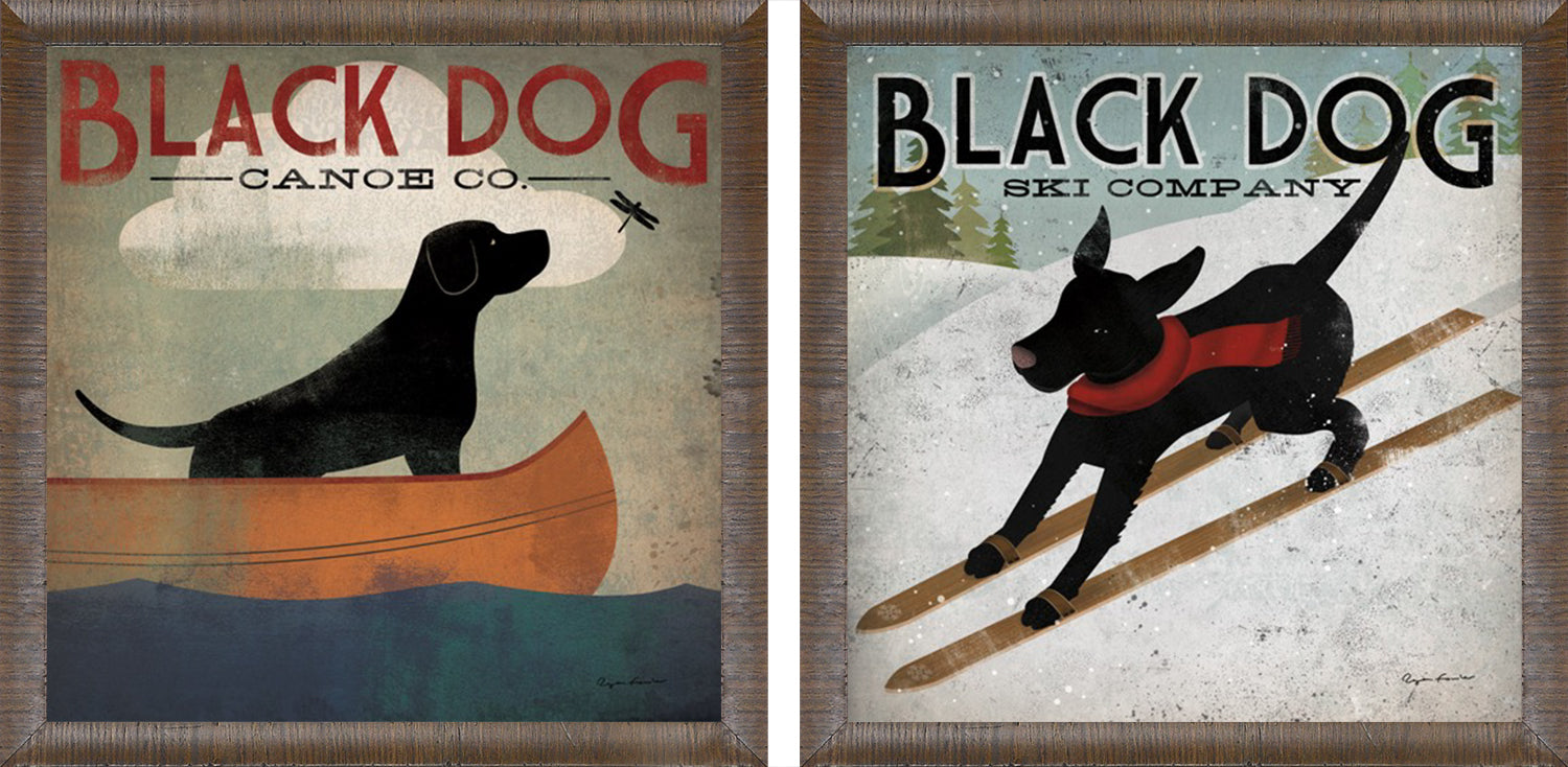 Black Dog S/2 wall art featuring a black dog in a canoe and skiing, vintage style