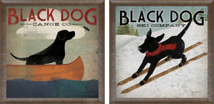 Black Dog S/2 wall art featuring a black dog in a canoe and skiing, vintage style