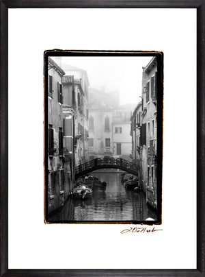 Waterways Of Venice II wall art featuring a foggy canal scene in black and white with a bridge.