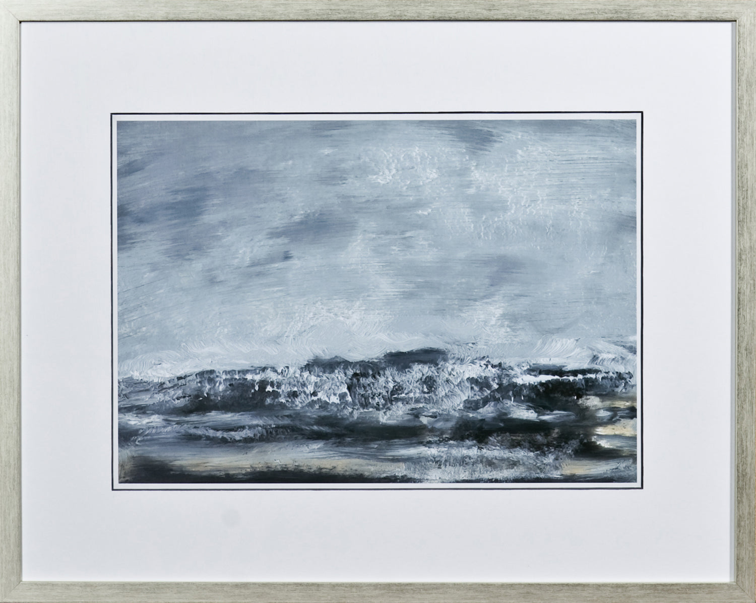 Sea View III wall art featuring a serene ocean scene in shades of blue and gray, framed elegantly.