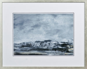 Sea View III wall art featuring a serene ocean scene in shades of blue and gray, framed elegantly.
