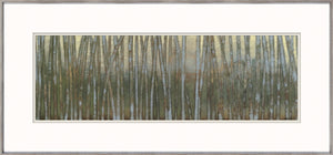 Blue Birch Forest I wall art featuring tall birch trees in muted greens and browns