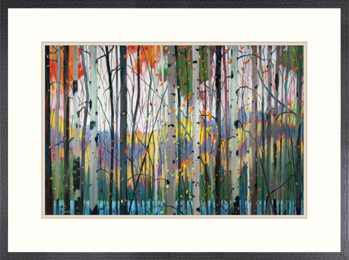 Lone Ranger wall art featuring colorful abstract trees in a forest setting