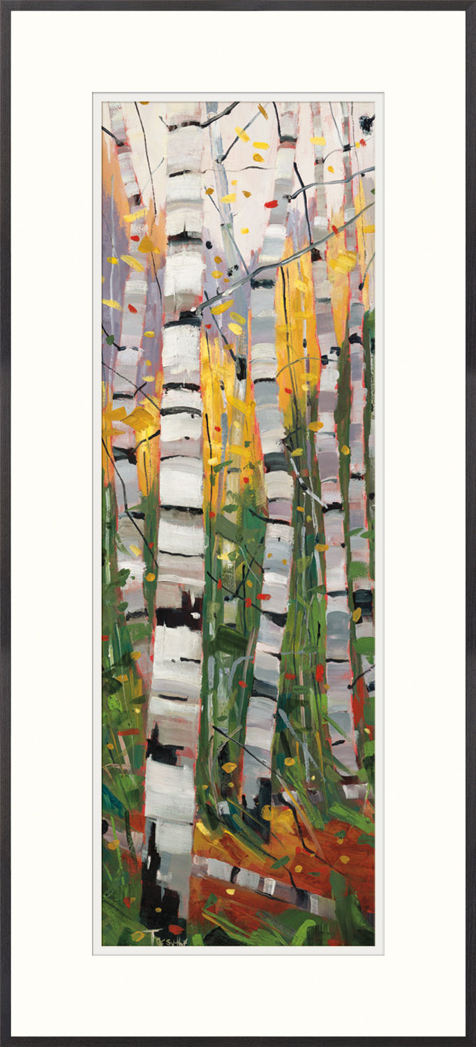 Swing Dance wall art featuring birch trees with yellow leaves and green foliage