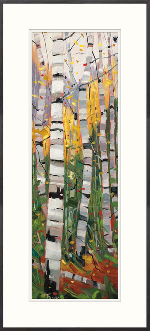 Swing Dance wall art featuring birch trees with yellow leaves and green foliage