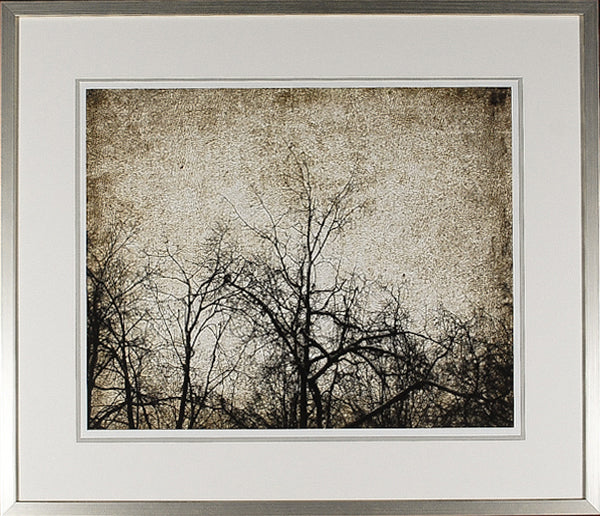 Through The Trees III wall art featuring dark tree silhouettes against a textured beige background