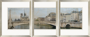 Panorama of Paris wall art featuring Notre-Dame and a bridge over the Seine River, in soft colors.