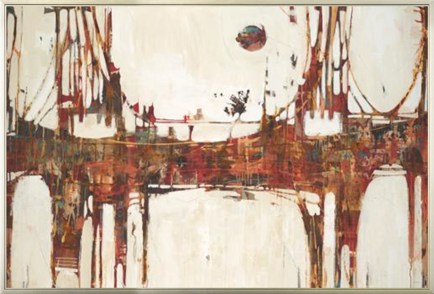 Building Bridges wall art featuring abstract bridge design in warm tones of red and brown on a light background.
