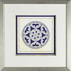 Baroque Rosetta #2 wall art featuring a circular blue and white geometric pattern in a silver frame