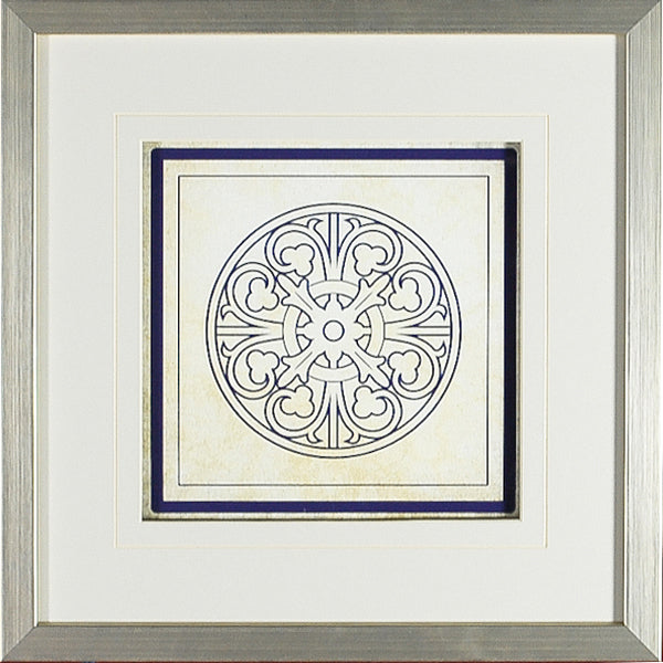 Baroque Rosetta #4 wall art featuring intricate circular design in blue and cream tones.
