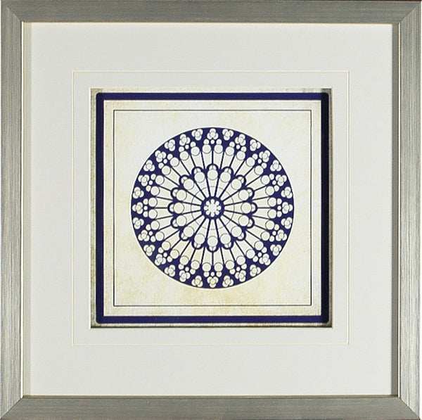 Baroque Rosetta #5 wall art featuring a circular blue and white floral design in a silver frame.