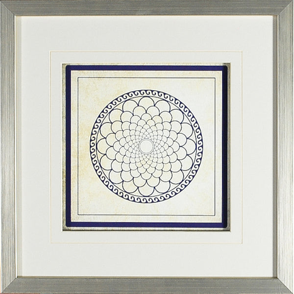 Baroque Rosetta #8 wall art featuring a circular floral design in blue and white.