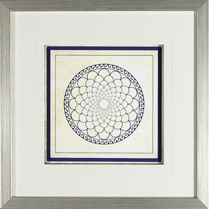 Baroque Rosetta #8 wall art featuring a circular floral design in blue and white.