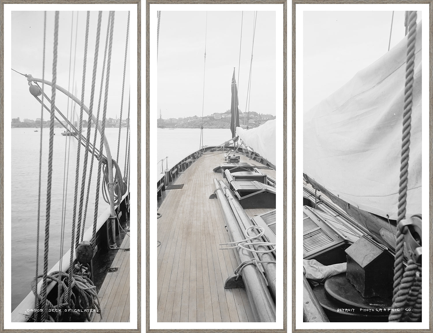 Deck Of The Galatea triptych wall art featuring a vintage sailing ship's deck.