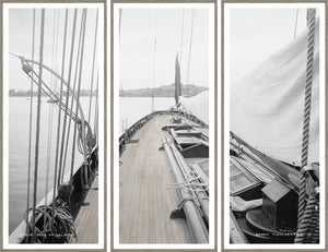 Deck Of The Galatea triptych wall art featuring a vintage sailing ship's deck.