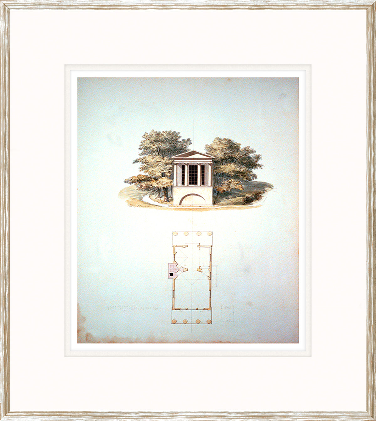 Garden Temple wall art featuring a classical structure surrounded by trees and a floor plan below.