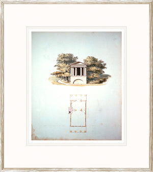 Garden Temple wall art featuring a classical structure surrounded by trees and a floor plan below.