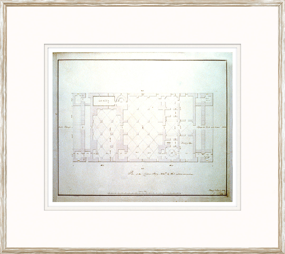 Plans – Cellar Story wall art featuring a detailed architectural blueprint in soft gray tones.