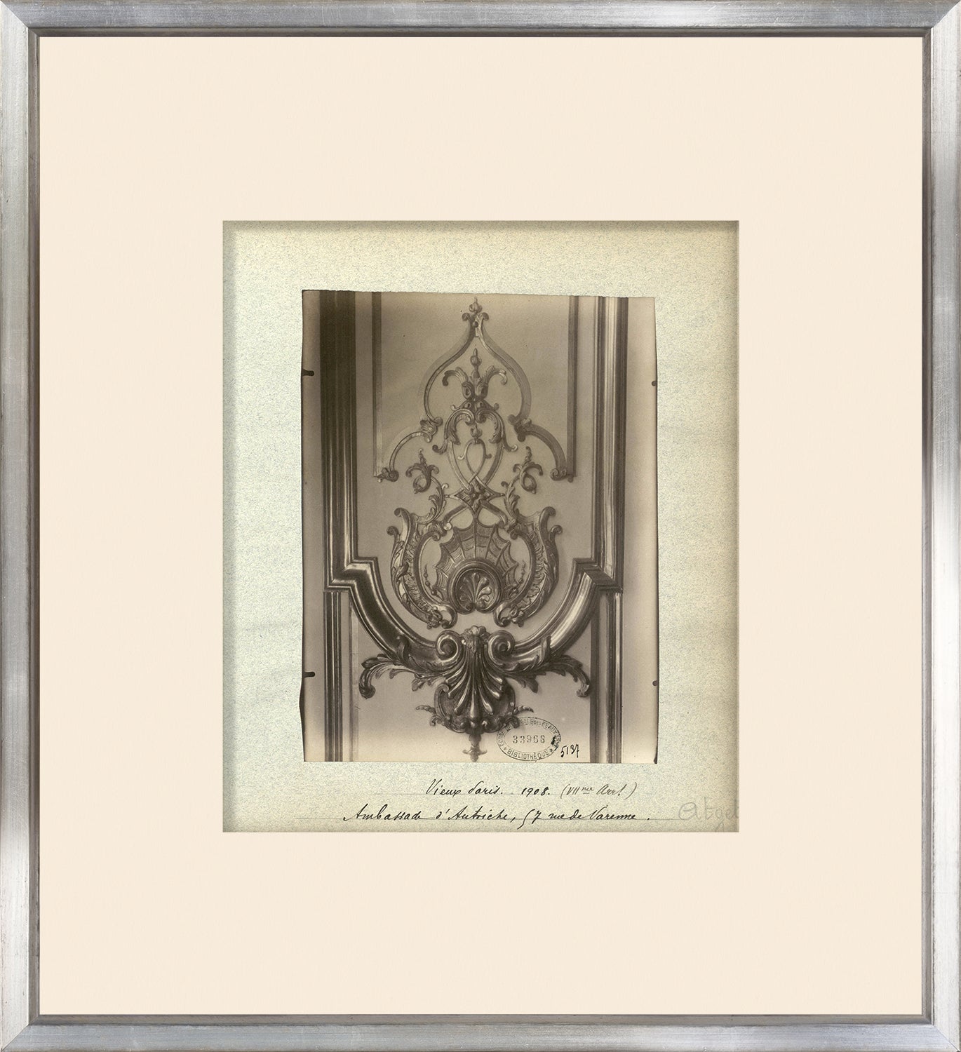 Rue De Paris – Varenne Detail #1, framed wall art featuring intricate vintage design in black and white.