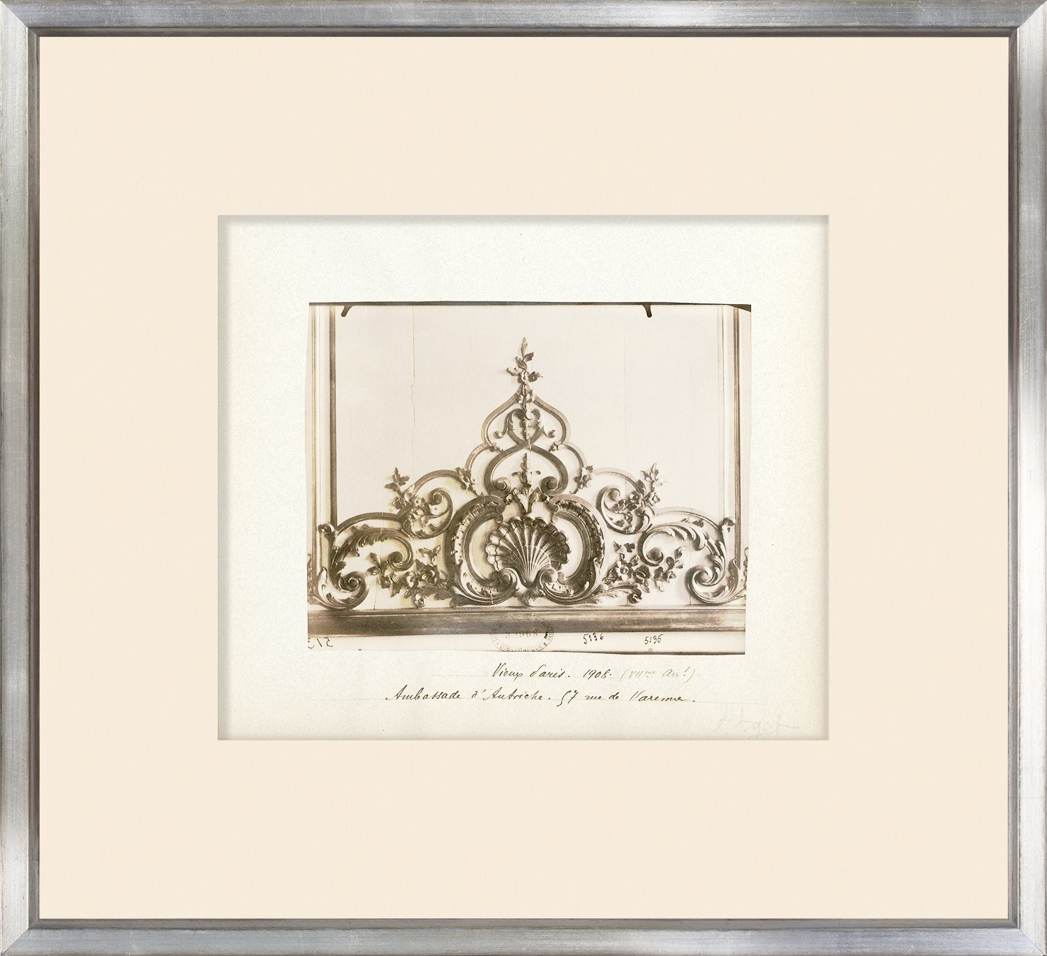 Rue De Paris – Varenne Detail #2 wall art featuring intricate metalwork design in a silver frame.