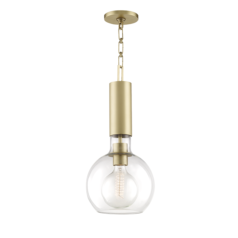 Raleigh Pendant 9" in aged brass — a Hudson Valley pendant for kitchens, entries, and dining rooms at Laurie Yapp Home.