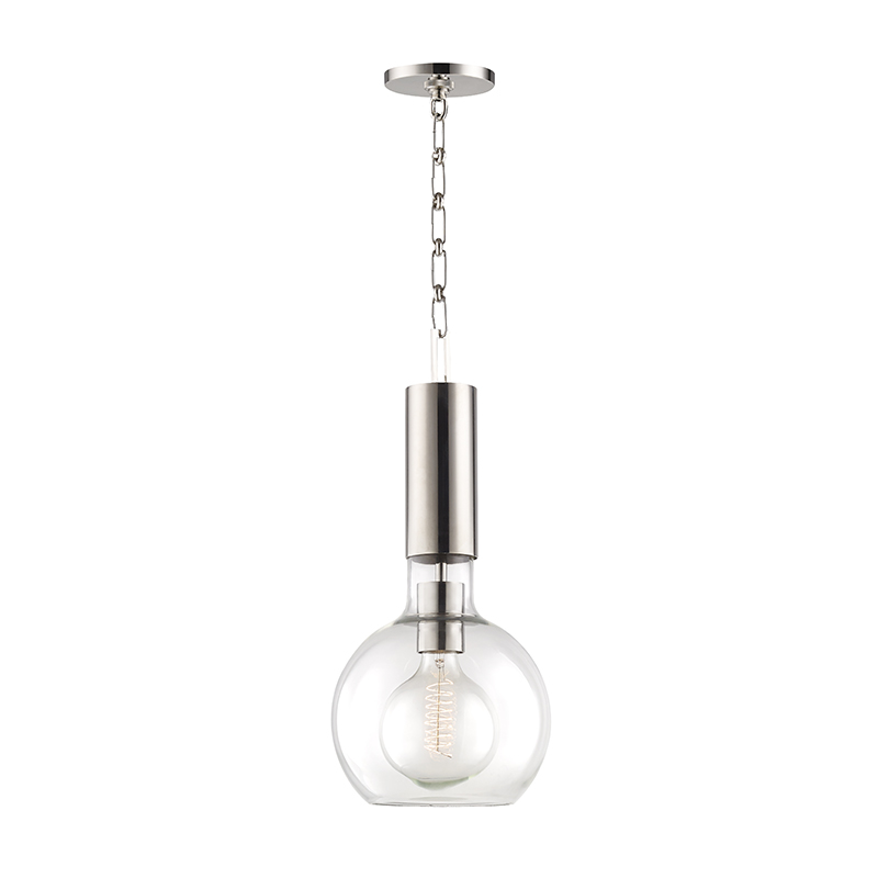 Raleigh Pendant 9" in polished nickel shown from a second angle to highlight the shade shape and metal detail.