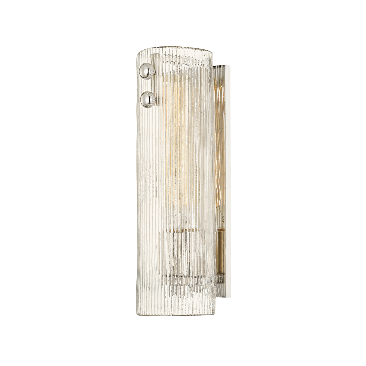 Prospect Park Wall Sconce 4.25" x 14" in polished nickel shown from a second angle to highlight the arm curve and shade silhouette.