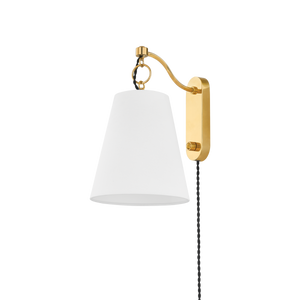 Joan Plug-In Sconce in aged brass — a Hudson Valley plug-in sconce for bedrooms, living rooms, and reading nooks at Laurie Yapp Home.