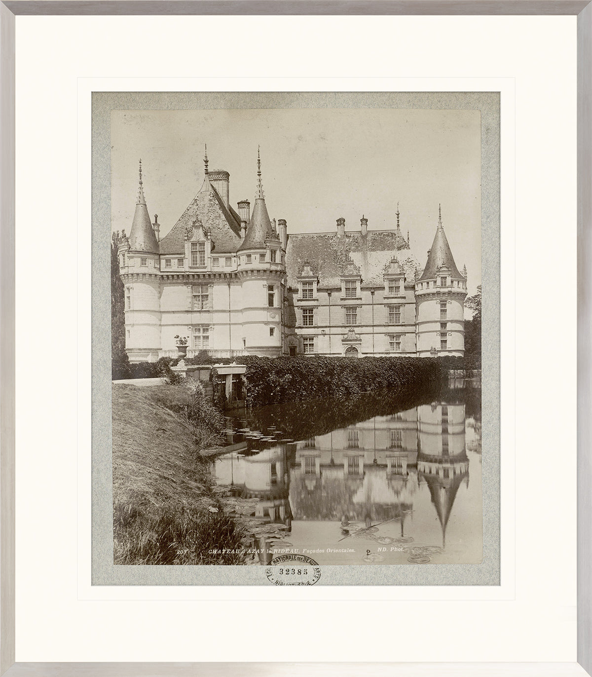 Chateau D’Azay wall art featuring a historic castle in sepia tones, reflecting in water.