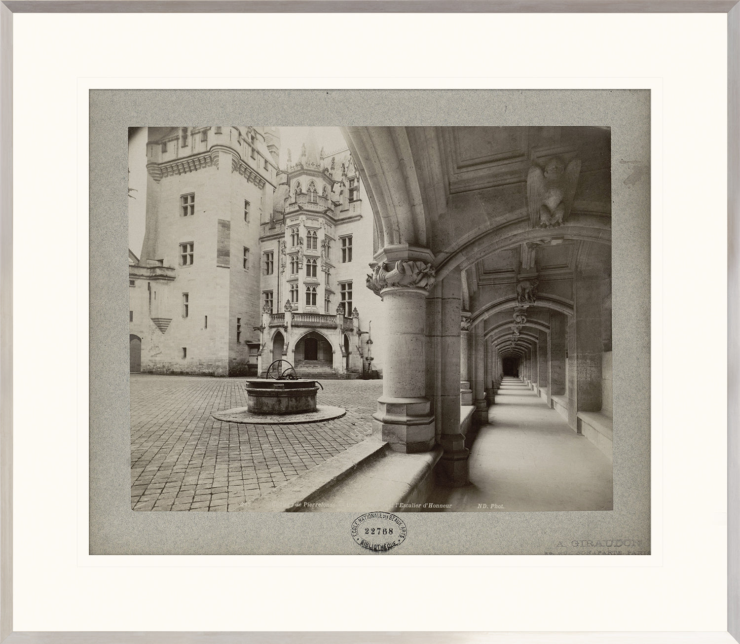 Chateau De Pierrefonds wall art featuring a historic colonnade and courtyard in black and white.