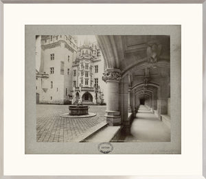 Chateau De Pierrefonds wall art featuring a historic colonnade and courtyard in black and white.