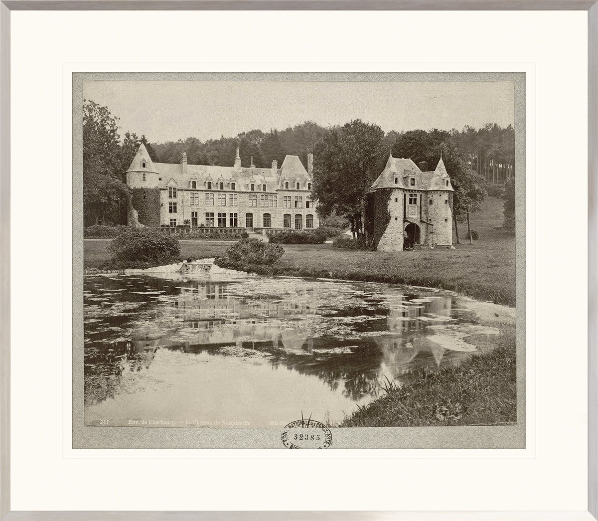 Chateau De Nacqueville wall art featuring a vintage photograph of a castle and pond.