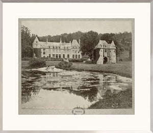 Chateau De Nacqueville wall art featuring a vintage photograph of a castle and pond.