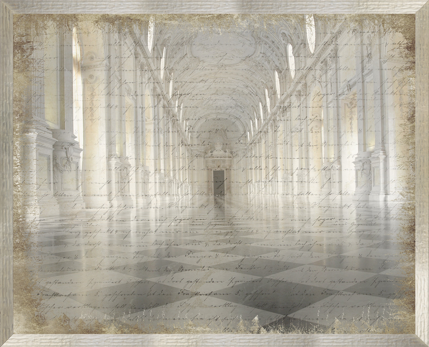 Galleria Di Diana wall art featuring a serene hallway with light and handwritten text overlay
