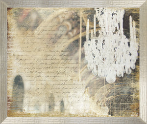 Chandelier Vision wall art featuring a crystal chandelier with vintage script background