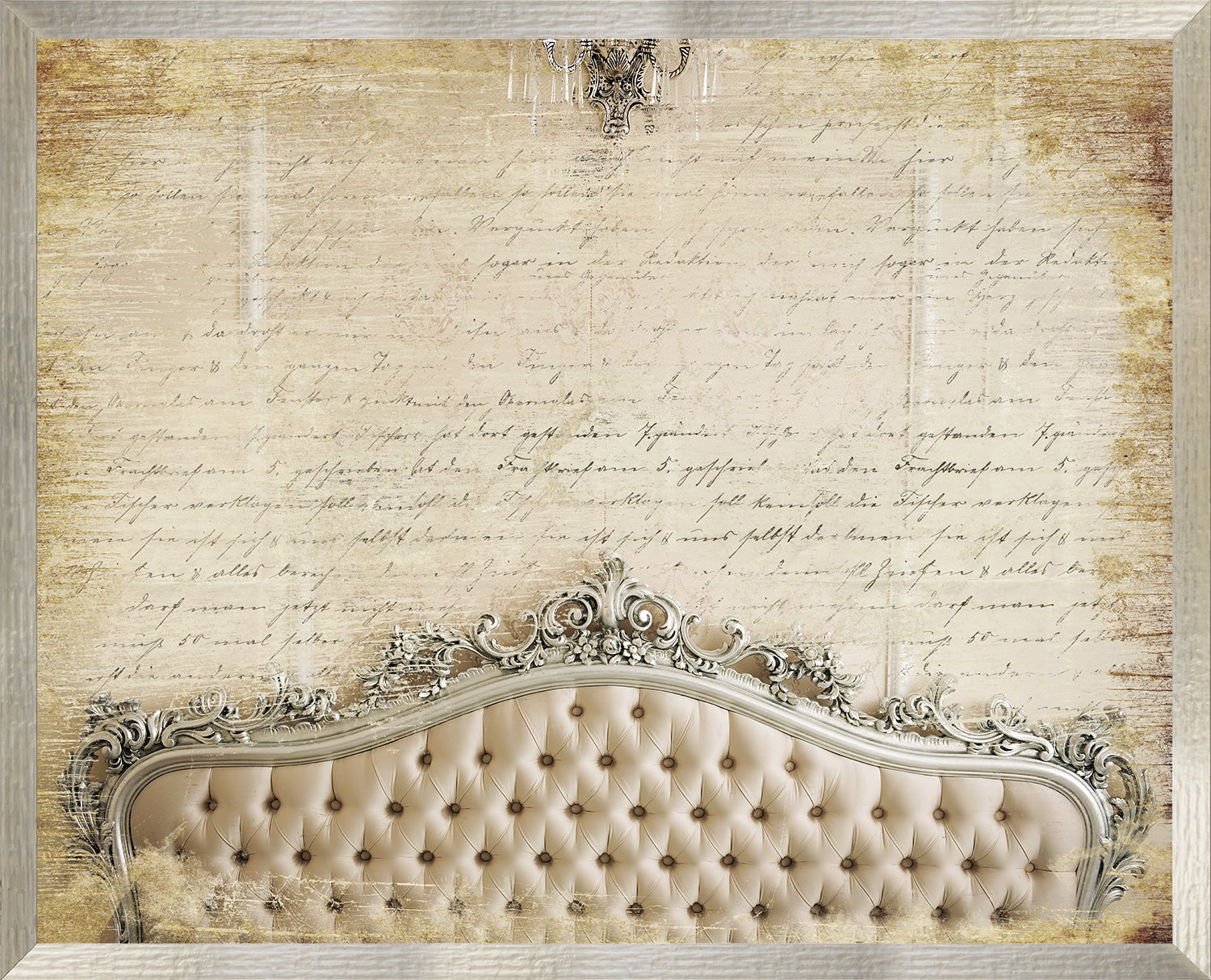 Gilded Versailles wall art featuring a vintage beige background with elegant script and a tufted cream sofa.