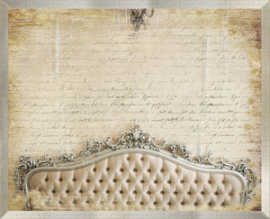 Gilded Versailles wall art featuring a vintage beige background with elegant script and a tufted cream sofa.
