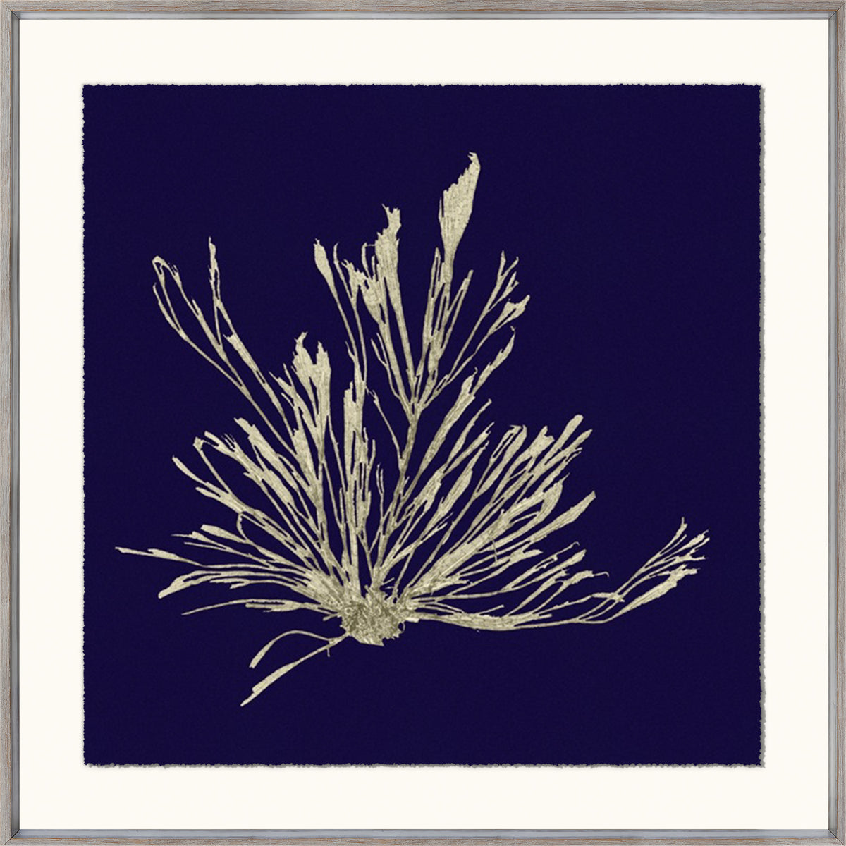 Seaweed On Navy III wall art featuring a gold seaweed design on a navy background.