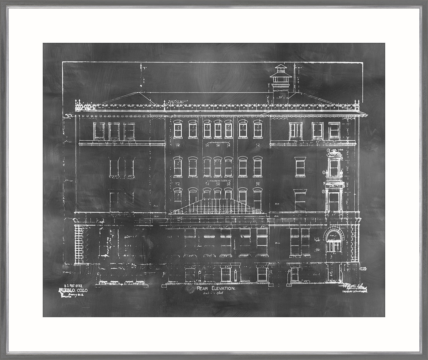 Blueprint – Rear Elevation wall art featuring a white architectural drawing on a black background.