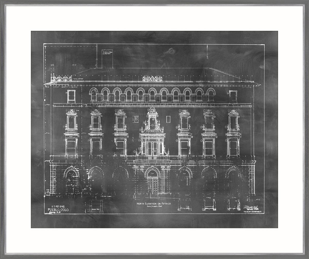 Blueprint – North Elevation wall art featuring a detailed architectural drawing in white on a dark background.